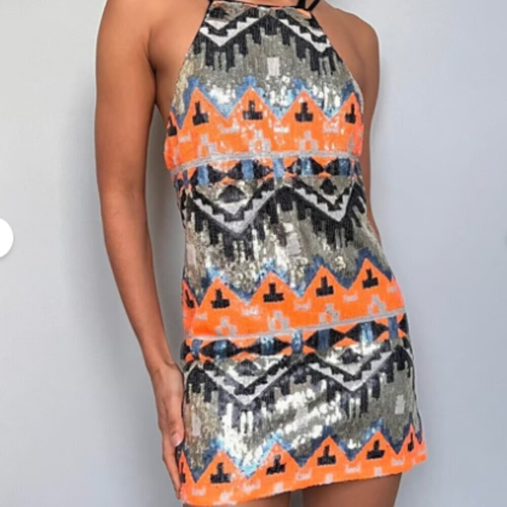 Aztec Patterned Halter Dress - Orange and Black